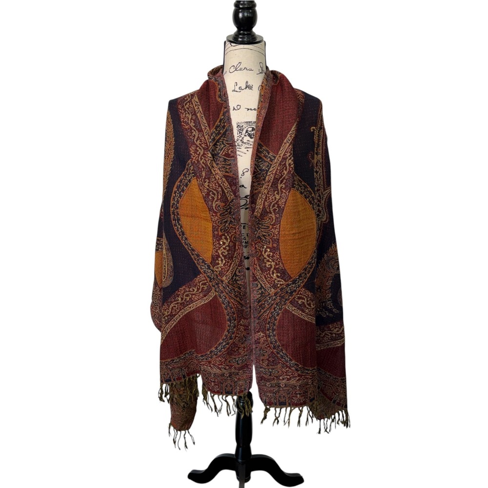 Coldwater Creek Burdundy Paisley Wool Embellished Winter Wrap Scarf
